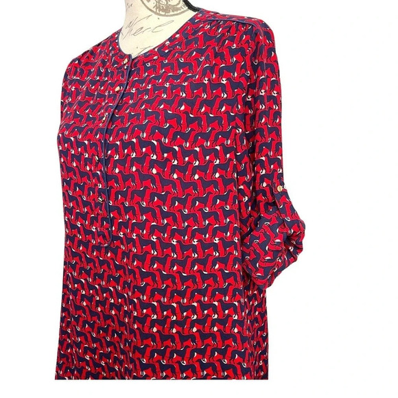 Banana Republic Dog Print Popover Blouse Size Medium Roll Tab Sleeve - Picture 6 of 10